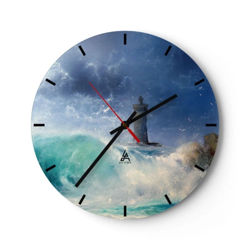 Nástěnné hodiny - Maják obklopený rozbouřeným mořem a bouřlivou oblohou - 30x30cm - Na stráži proti živlům - Moderní nástěnná dekorace do obývacího pokoje, kuchyně a ložnice ARTTOR