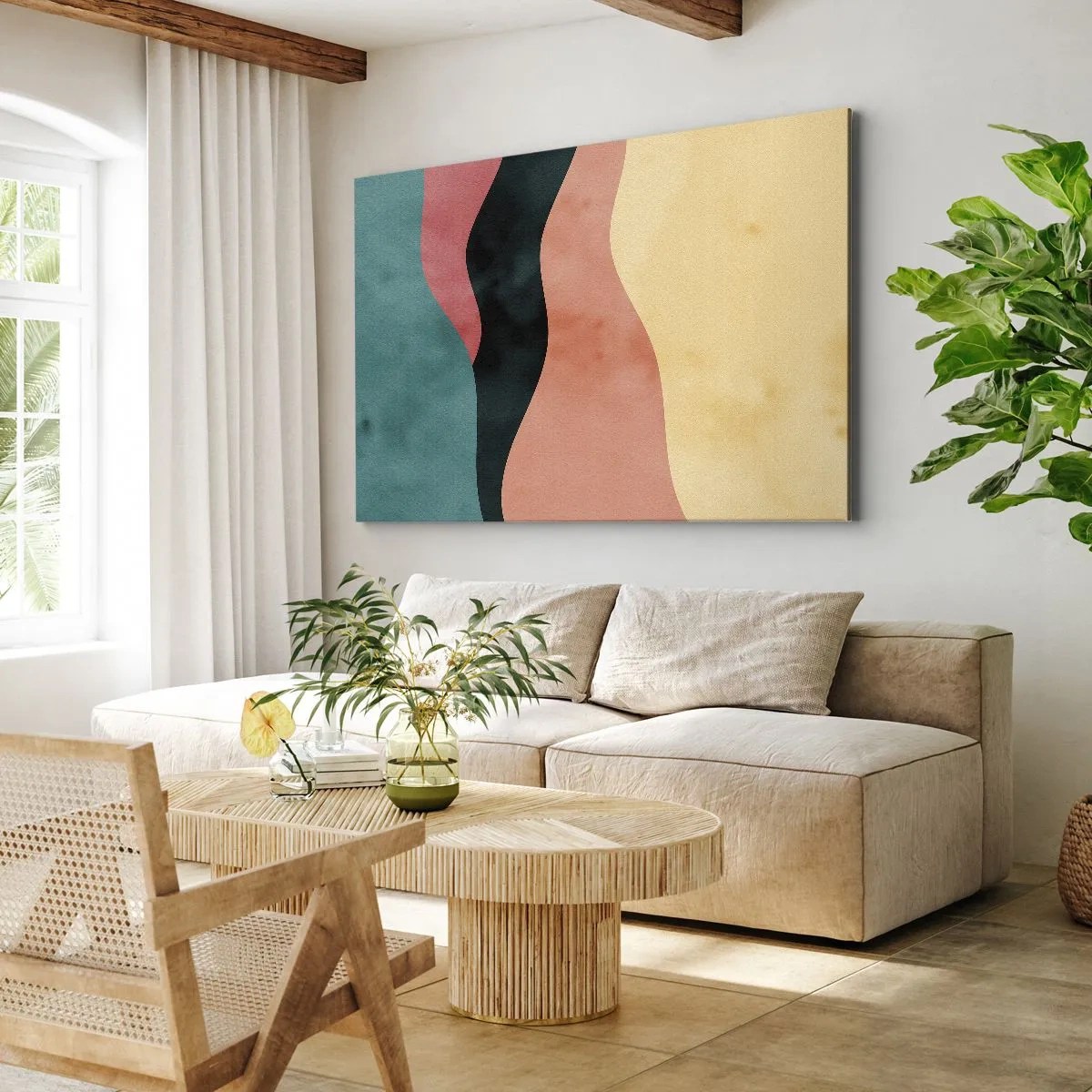Obraz na plátně - Abstraktní vlny v pastelových barvách - 70x50cm - Kompatibilní nesoulad - Moderní nástěnná dekorace do obývacího pokoje a ložnice ARTTOR