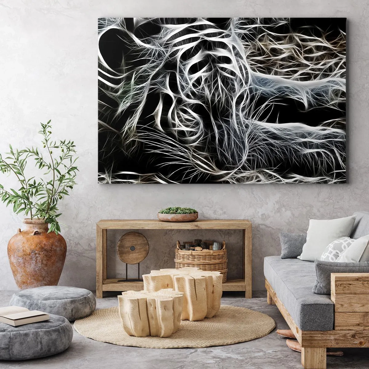 Obraz na plátně - Abstraktní vzor zobrazující siluetu kočky na černém pozadí. - 70x50cm - Studie kočičí lehkosti - Moderní nástěnná dekorace do obývacího pokoje a ložnice ARTTOR
