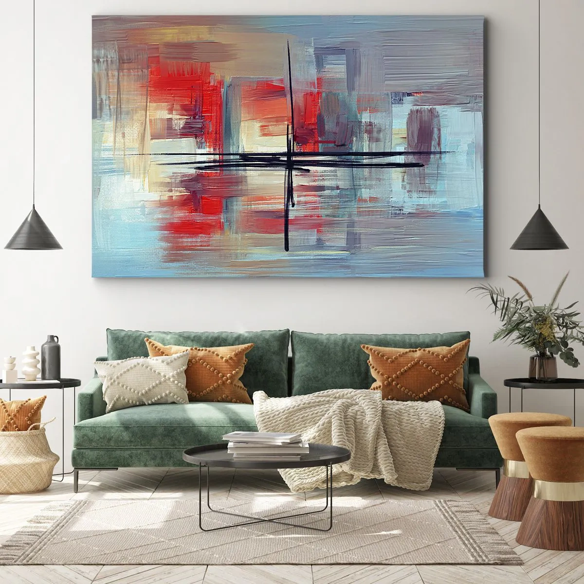 Obraz na plátně - Abstraktní kompozice s intenzivními barvami, liniemi a geometrickými tvary. - 70x50cm - Krajina v neznámé dimenzi - Moderní nástěnná dekorace do obývacího pokoje a ložnice ARTTOR