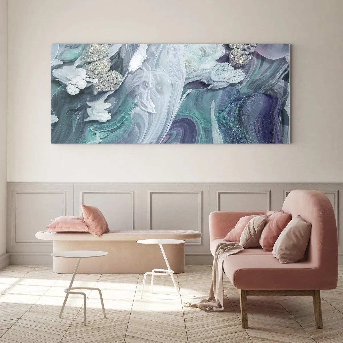 Obraz na skle - Proudy modré - 140x50 cm