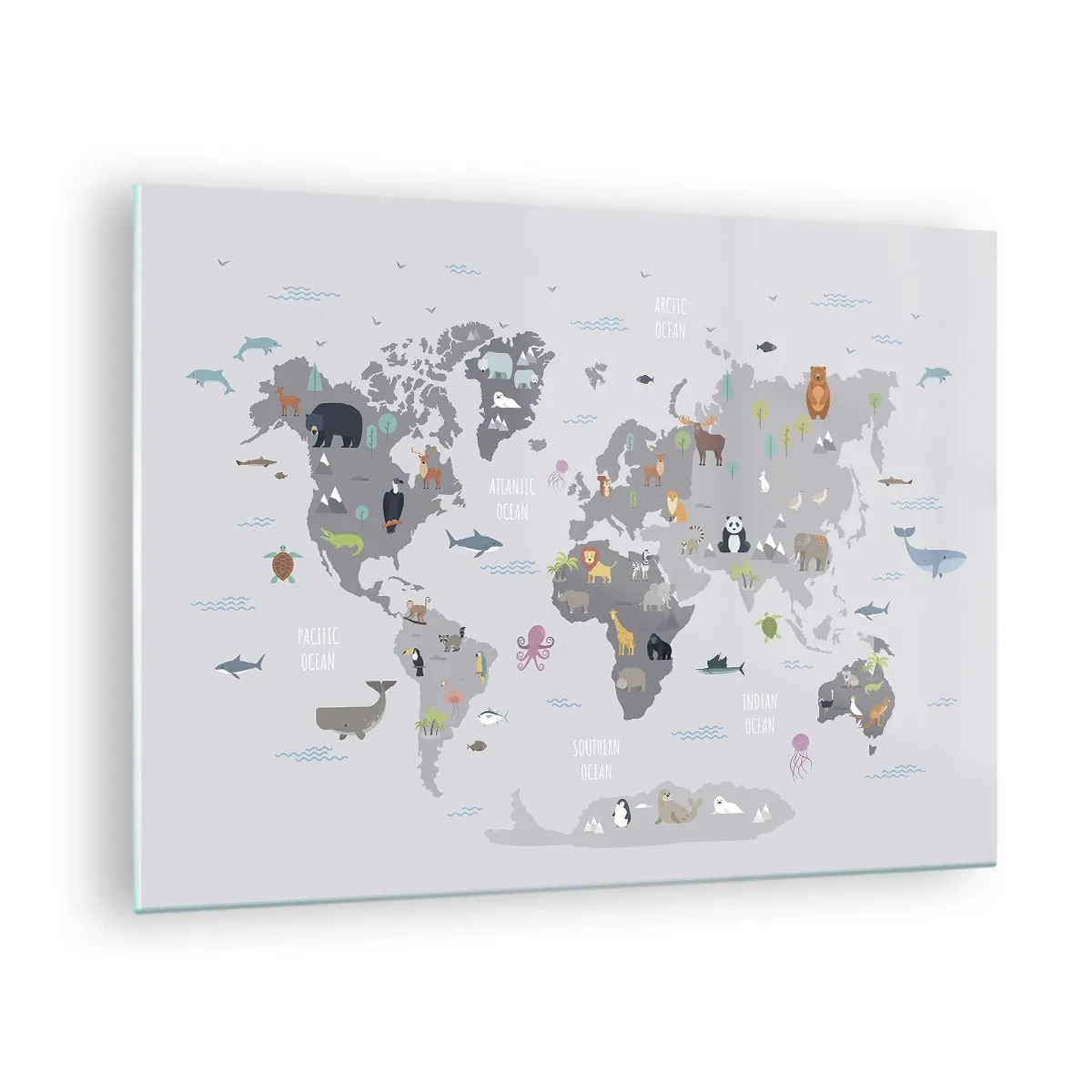 Obraz na skle - Ilustrovaná mapa světa s charakteristickými zvířaty - 70x50cm - Řekni mi, odkud jsi… - Moderní nástěnná dekorace do obývacího pokoje a ložnice ARTTOR