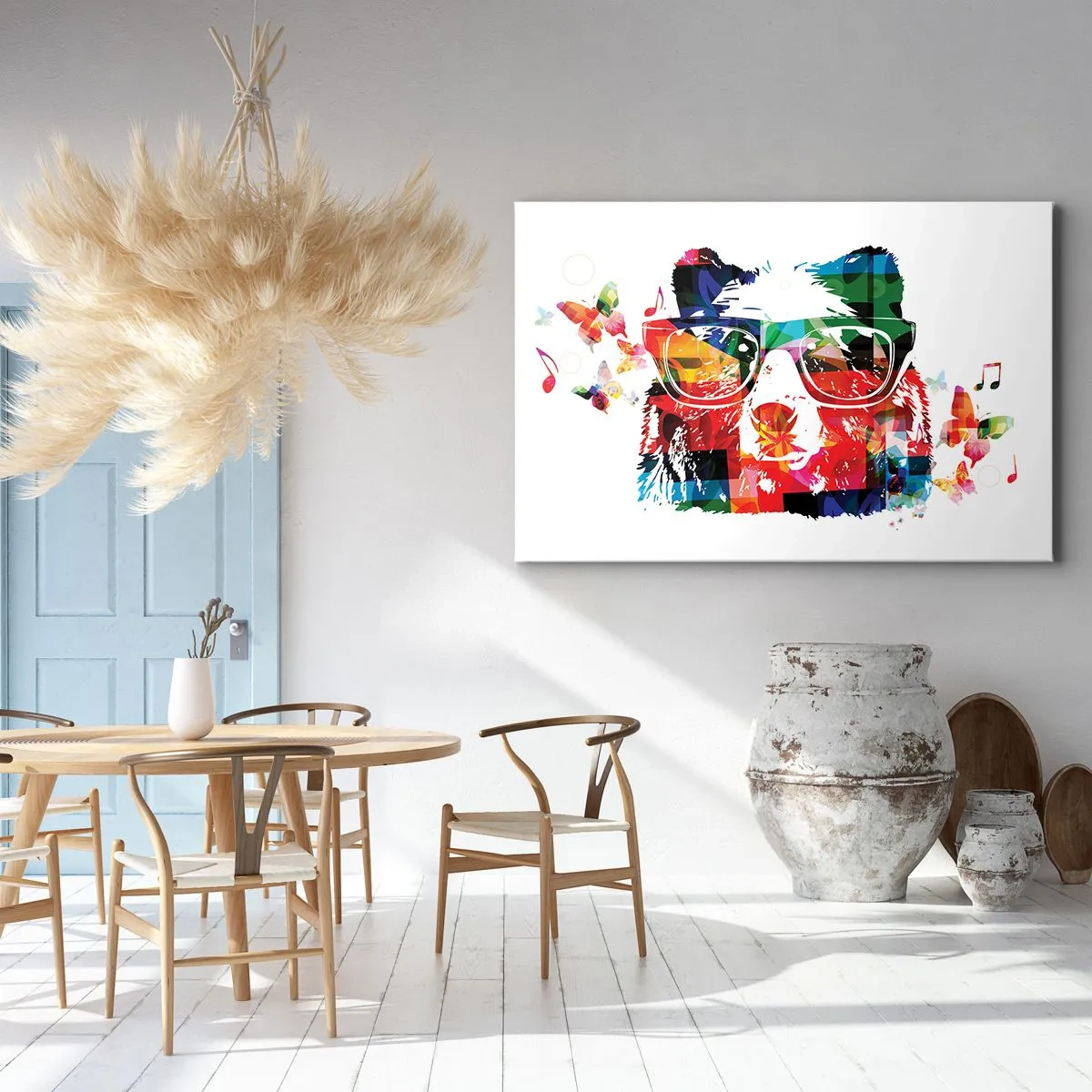 Obraz na plátně - Barevný medvěd s brýlemi, motýly a hudebními notami - 70x50cm - Líbí se mi! - Moderní nástěnná dekorace do obývacího pokoje a ložnice ARTTOR