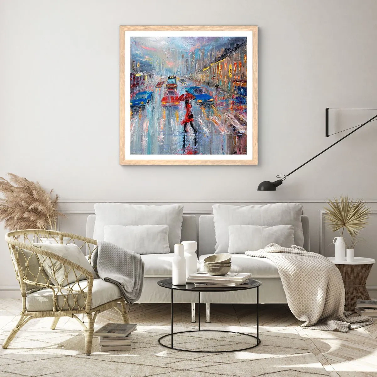 Plakát v rámu světlý dub - Deštivé odpoledne ve městě - 50x50 cm