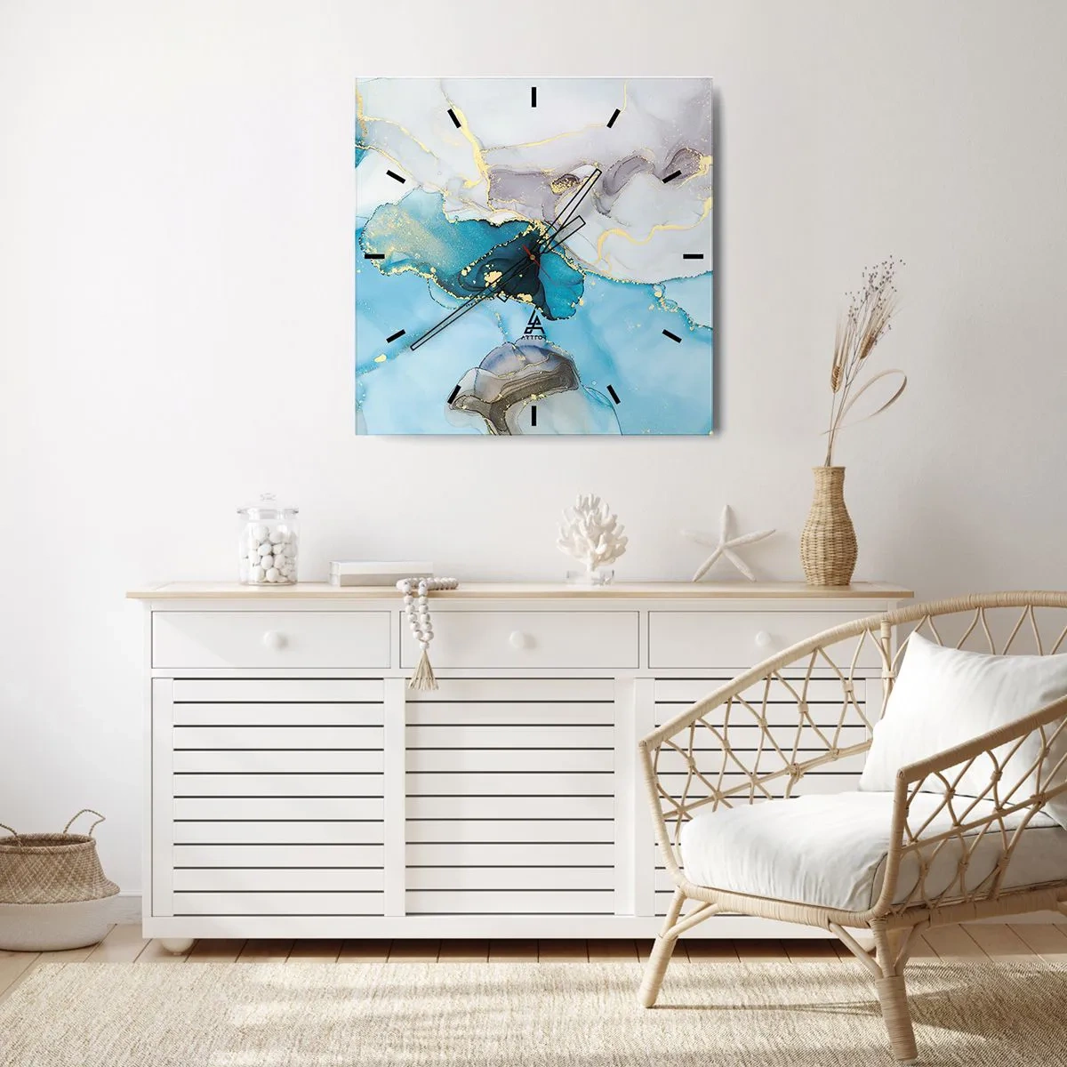 Nástěnné hodiny - Studie o setkání šedé a tyrkysové - 30x30 cm