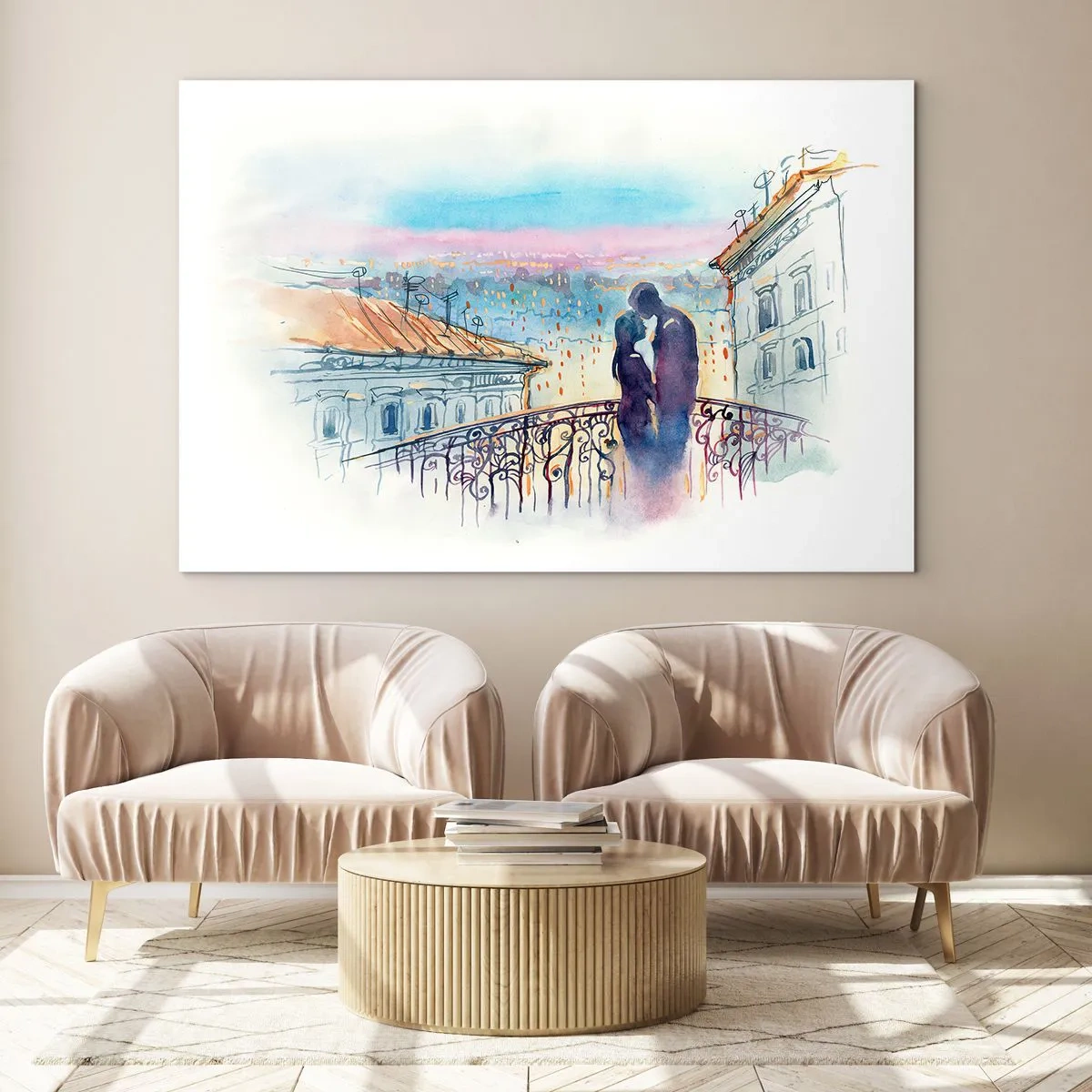 Obraz na skle - Pár na balkóně si užívá romantický západ slunce - 70x50cm - Pařížští milenci - Moderní nástěnná dekorace do obývacího pokoje a ložnice ARTTOR