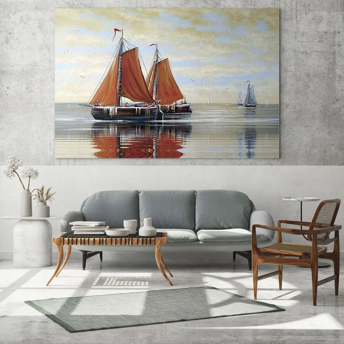 Obraz na skle - Plachetnice na klidném moři při západu slunce - 70x50cm - Pluj, námořníku… - Moderní nástěnná dekorace do obývacího pokoje a ložnice ARTTOR