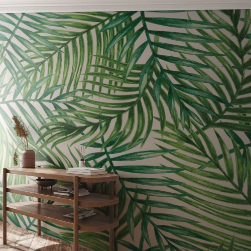 Fototapeta Premium Sand - Pod zeleným baldachýnem - Abstrakce, Palmový list, Kokosová palma - 350x256 cm