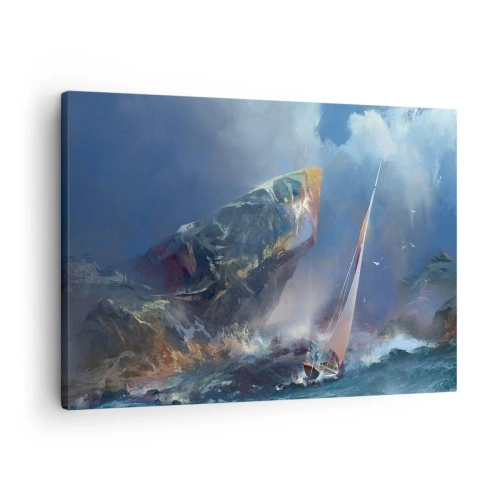 Obraz na plátně - Plachetnice v bouři na úpatí mohutné skály - 70x50cm - Kdo má odvahu, vyhrává - Moderní nástěnná dekorace do obývacího pokoje a ložnice ARTTOR