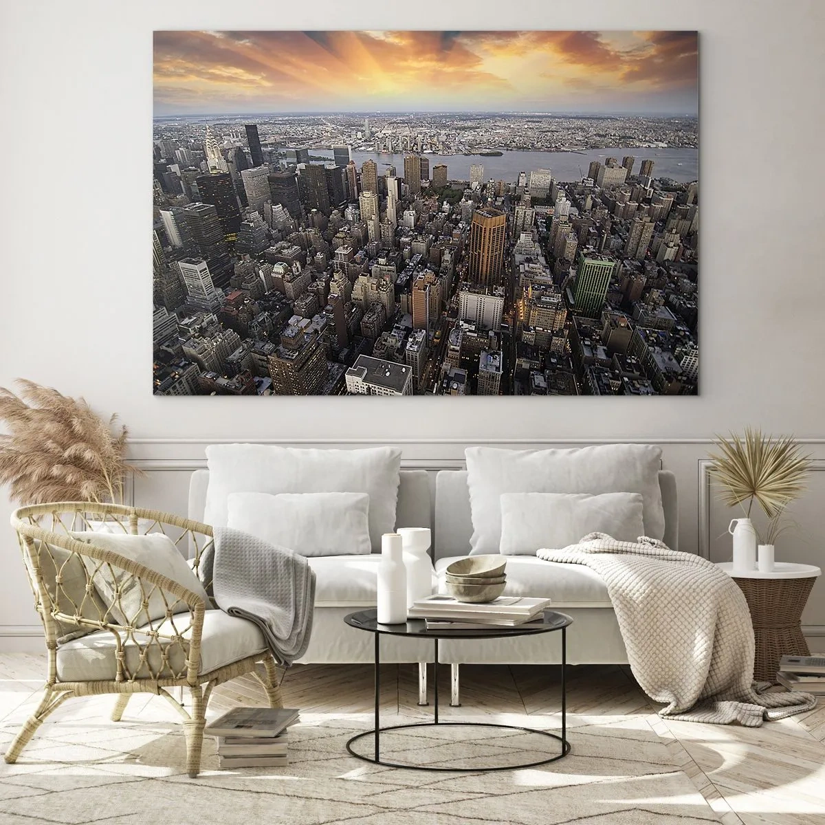 Obraz na skle - Panorama města s výhledem na mrakodrapy při západu slunce - 70x50cm - Bušící srdce naší doby - Moderní nástěnná dekorace do obývacího pokoje a ložnice ARTTOR