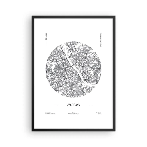 Plakát v černém rámu - Minimalistická mapa Varšavy v kruhu - 50x70cm - Anatomie Varšavy - Moderní nástěnná dekorace do obývacího pokoje a ložnice ARTTOR