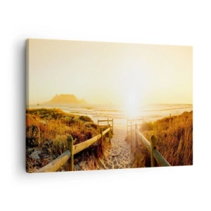 Obraz na plátně - Cesta k pláži během zlatavého západu slunce - 70x50cm - Dunami směrem ke slunci - Moderní nástěnná dekorace do obývacího pokoje a ložnice ARTTOR