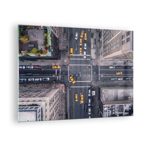 Obraz na skle - Letecký pohled na rušnou křižovatku ve městě - 70x50cm - Snadná volba - Moderní nástěnná dekorace do obývacího pokoje a ložnice ARTTOR