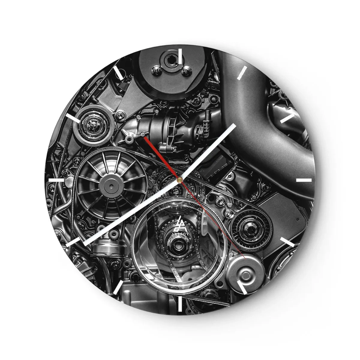 Nástěnné hodiny - Černobílý detail mechanismu motoru auta - 30x30cm - Poezie mechaniky - Moderní nástěnná dekorace do obývacího pokoje, kuchyně a ložnice ARTTOR