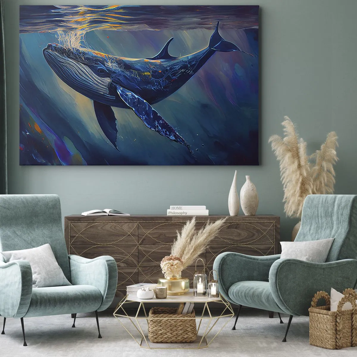 Obraz na plátně - Velryba v hlubinách oceánu v zářivých barvách - 70x50cm - Vítej v mém světě - Moderní nástěnná dekorace do obývacího pokoje a ložnice ARTTOR