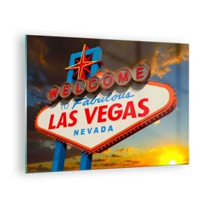 Obraz na skle - Uvítací cedule Las Vegas proti zapadajícímu slunci - 70x50cm - Po úsměv osudu - Moderní nástěnná dekorace do obývacího pokoje a ložnice ARTTOR