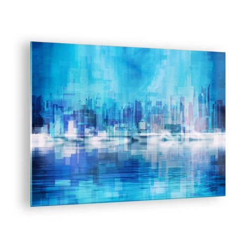 Obraz na skle - Moderní panorama města v odstínech modré - 70x50cm - Utopené v modři - Moderní nástěnná dekorace do obývacího pokoje a ložnice ARTTOR