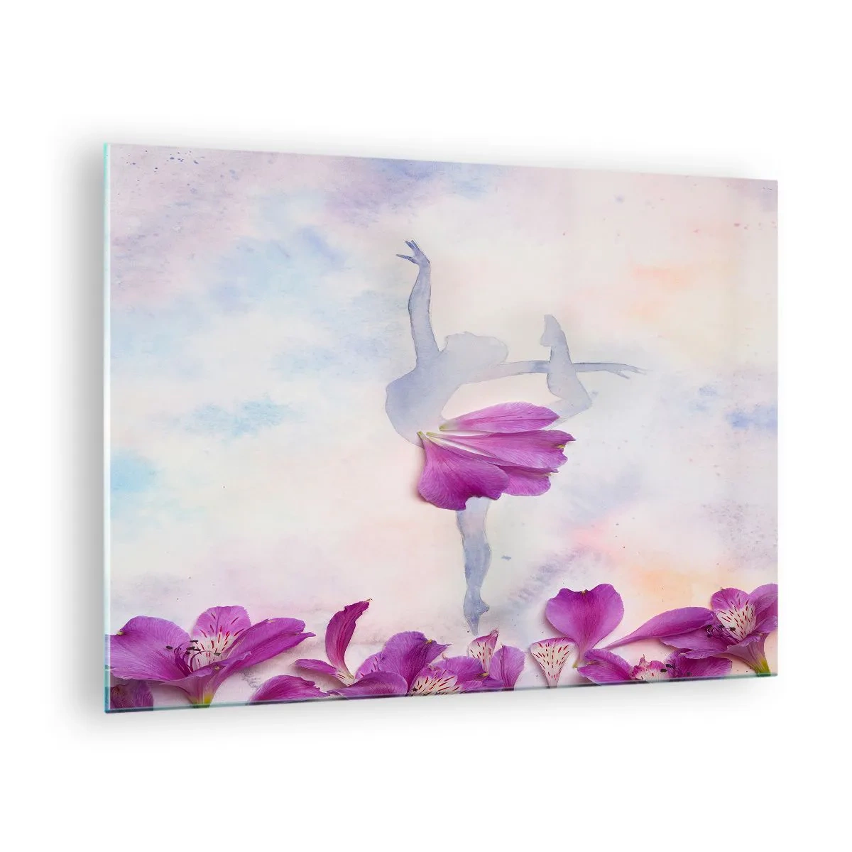 Obraz na skle - Silueta baletky s květinou v umělecké kompozici - 70x50cm - Jemná jako květina - Moderní nástěnná dekorace do obývacího pokoje a ložnice ARTTOR