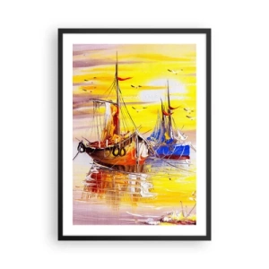 Plakát v černém rámu - Barevné plachetnice při západu slunce - 50x70cm - Zasloužený odpočinek v přístavu - Moderní nástěnná dekorace do obývacího pokoje a ložnice ARTTOR