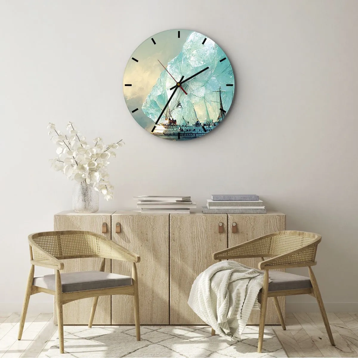 Nástěnné hodiny - Loď mezi modrými ledovci proti obloze - 30x30cm - Arktický briliant - Moderní nástěnná dekorace do obývacího pokoje, kuchyně a ložnice ARTTOR