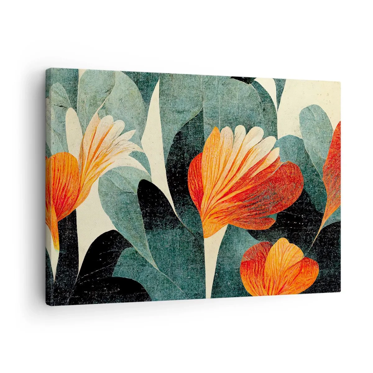 Obraz na plátně - Květy v intenzivních odstínech oranžové a zelené - 70x50cm - Tropické horko a chlad zeleně - Moderní nástěnná dekorace do obývacího pokoje a ložnice ARTTOR