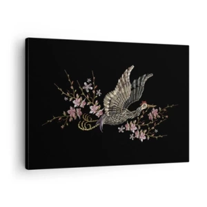 Obraz na plátně - Pták za letu s květinami na černém pozadí - 70x50cm - Exotický vyšívaný pták - Moderní nástěnná dekorace do obývacího pokoje a ložnice ARTTOR