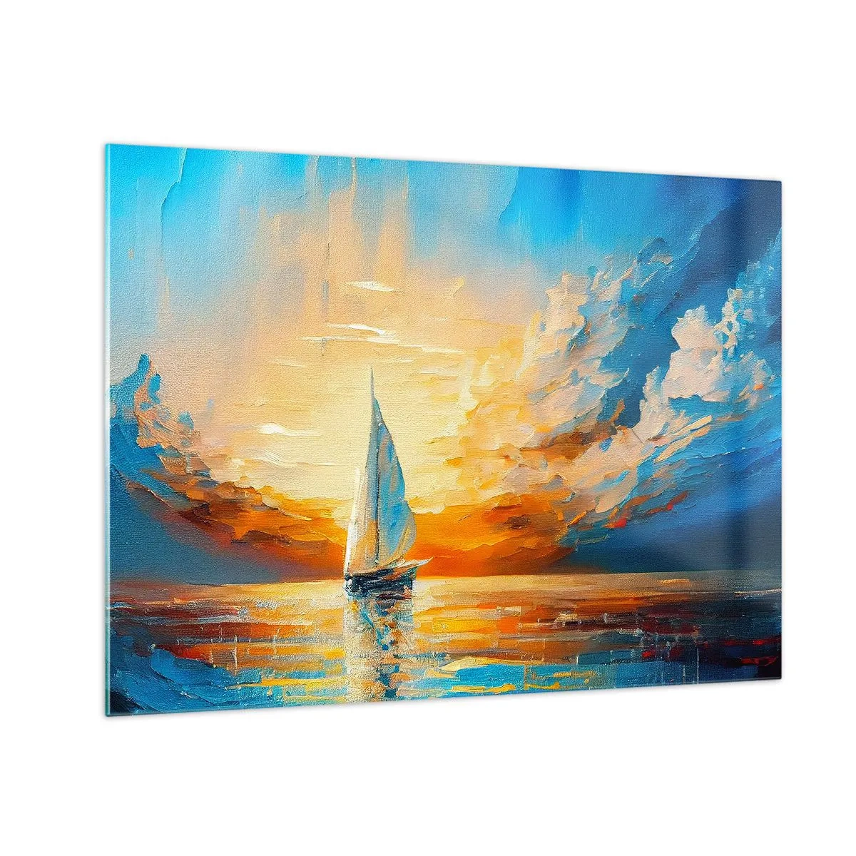 Obraz na skle - Plachetnice na moři ve světle zapadajícího slunce - 70x50cm - Plavba ve zlatě - Moderní nástěnná dekorace do obývacího pokoje a ložnice ARTTOR