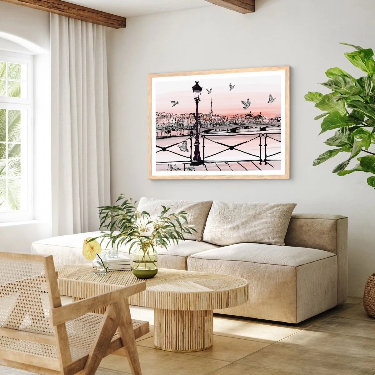 Plakát v rámu světlý dub - Nad střechami Paříže - 100x70 cm