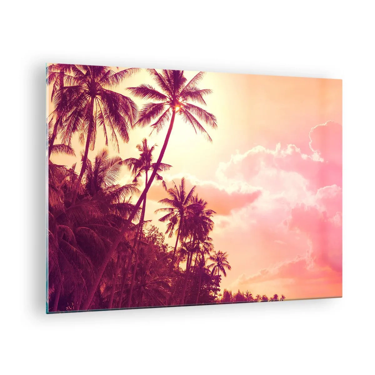 Obraz na skle - Tropické palmy ve světle zapadajícího slunce proti růžové obloze - 70x50cm - Musíš si vybrat - Moderní nástěnná dekorace do obývacího pokoje a ložnice ARTTOR