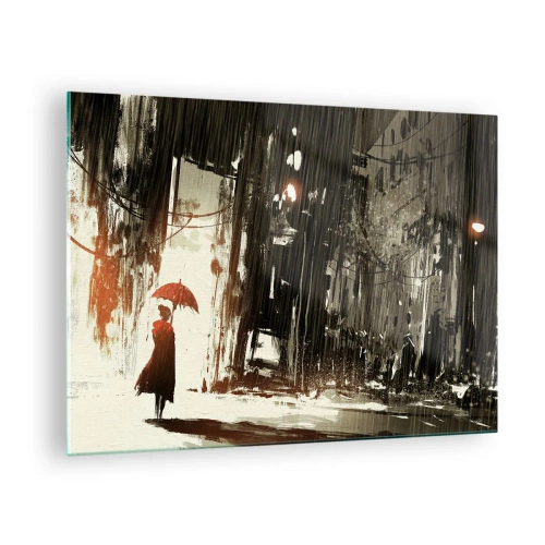 Obraz na skle - Osoba s červeným deštníkem v dešti na tmavém pozadí města. - 70x50cm - Poezie červeného deštníku - Moderní nástěnná dekorace do obývacího pokoje a ložnice ARTTOR