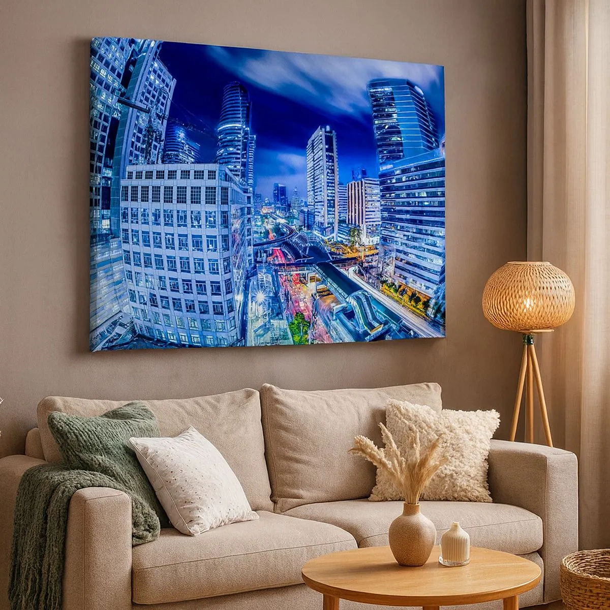 Obraz na plátně - Noční panorama města s mrakodrapy a pouličními lampami - 70x50cm - Rytmy nočního města - Moderní nástěnná dekorace do obývacího pokoje a ložnice ARTTOR