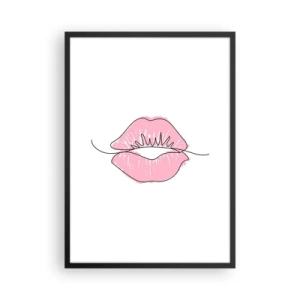 Plakát v černém rámu - Minimalistická ilustrace růžových rtů na bílém pozadí - 50x70cm - Jsi připraven na polibek? - Moderní nástěnná dekorace do obývacího pokoje a ložnice ARTTOR