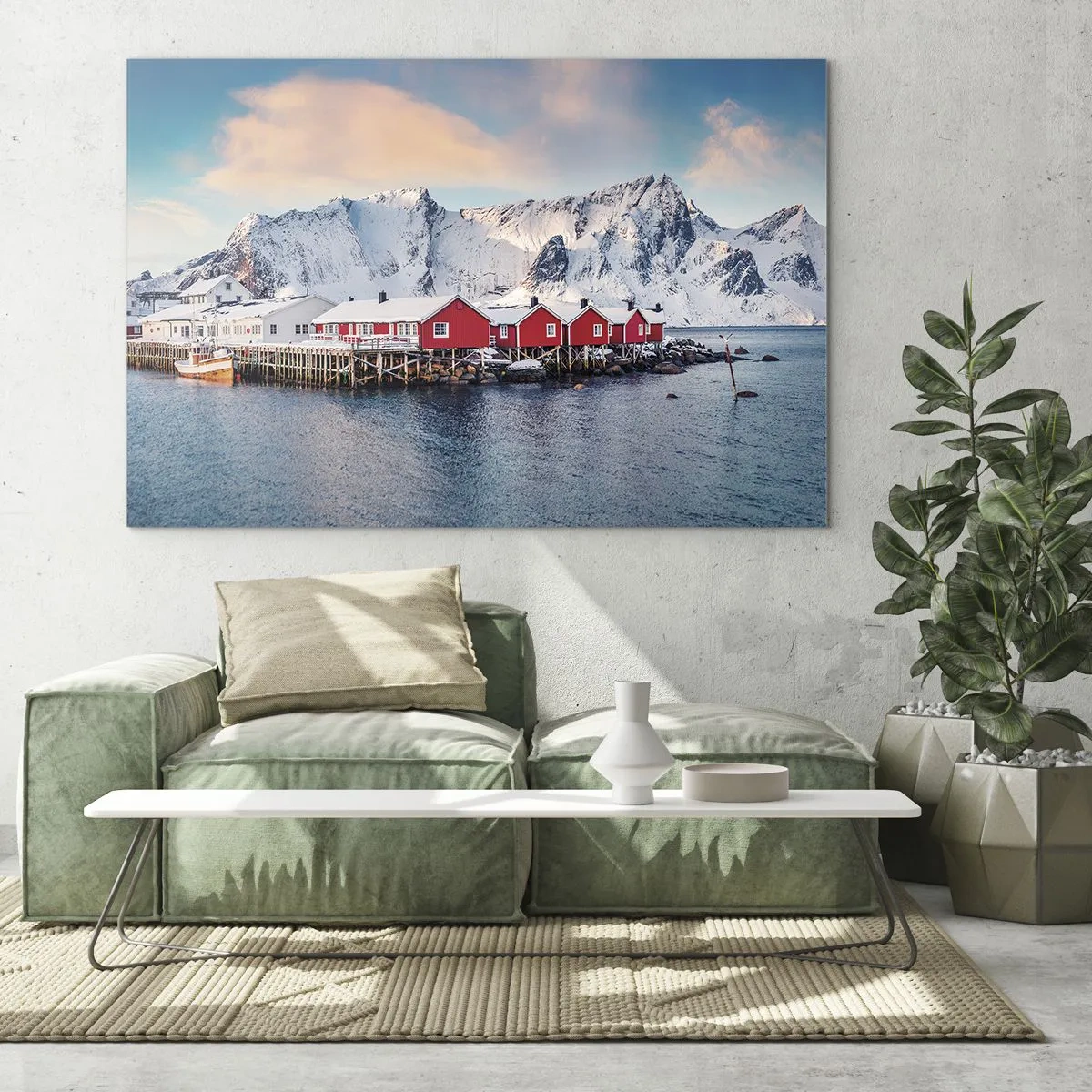 Obraz na skle - Červené rybářské chatky na fjordu s horami v pozadí - 70x50cm - Severní útočiště - Moderní nástěnná dekorace do obývacího pokoje a ložnice ARTTOR