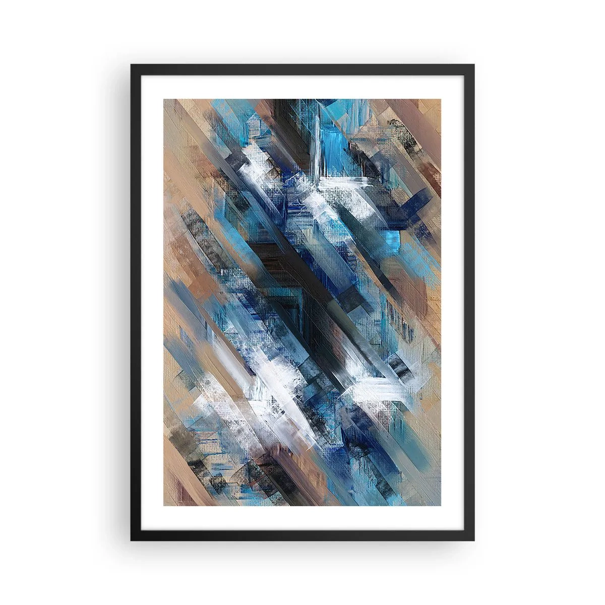Plakát v černém rámu - Abstraktní kompozice s diagonálními čarami v odstínech modré. - 50x70cm - Na modrém úkosu - Moderní nástěnná dekorace do obývacího pokoje a ložnice ARTTOR
