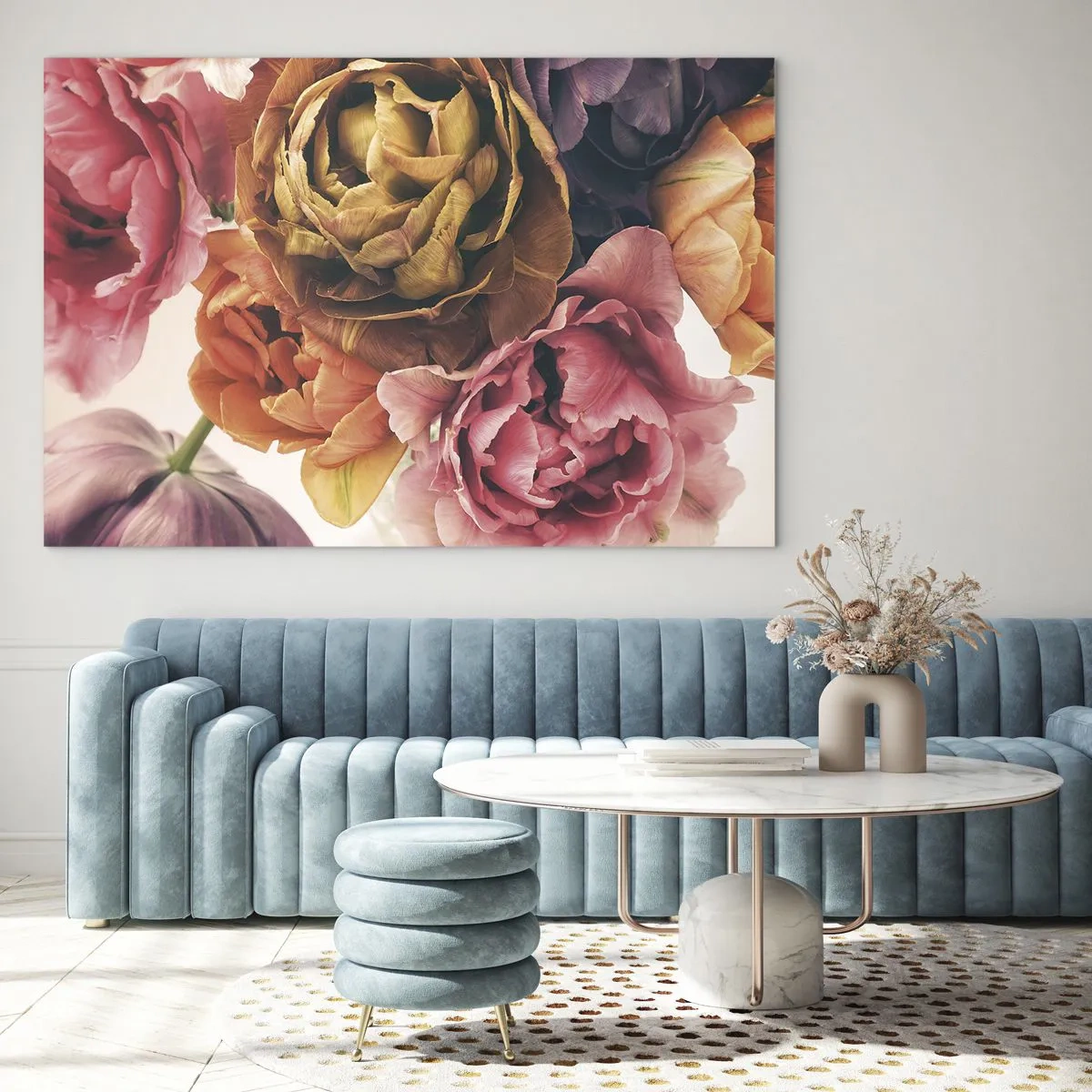 Obraz na skle - Detailní záběr na kytici vícebarevných květin - 70x50cm - Oslava života - Moderní nástěnná dekorace do obývacího pokoje a ložnice ARTTOR