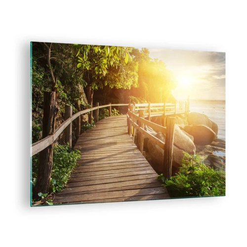 Obraz na skle - Dřevěná cesta mezi stromy u moře ve světle západu slunce - 70x50cm - Další zatáčka, další zázraky - Moderní nástěnná dekorace do obývacího pokoje a ložnice ARTTOR