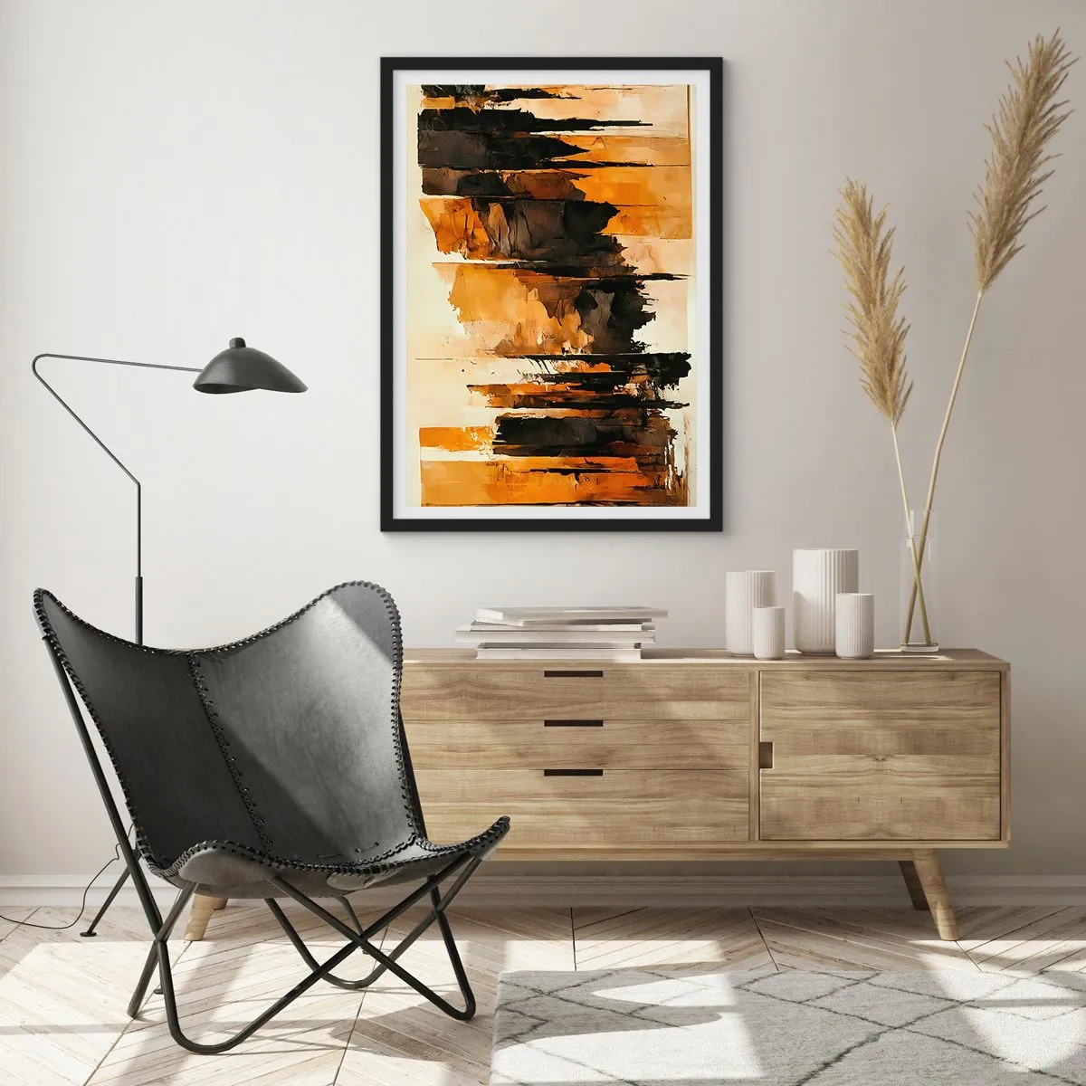 Plakát v černém rámu - Abstraktní kompozice v teplých hnědých a černých odstínech. - 50x70cm - Harmonie černé a zlaté - Moderní nástěnná dekorace do obývacího pokoje a ložnice ARTTOR