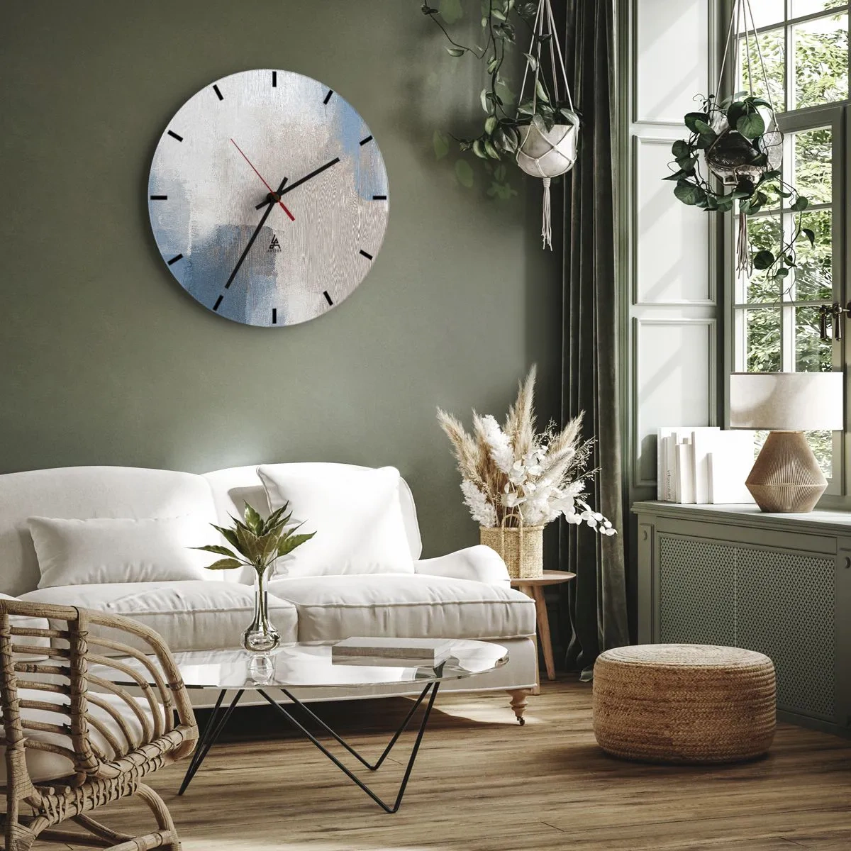 Nástěnné hodiny - Moderní abstrakce v béžové, modré a šedé barvě - 30x30cm - Růžová abstrakce za modrým závojem - Moderní nástěnná dekorace do obývacího pokoje, kuchyně a ložnice ARTTOR