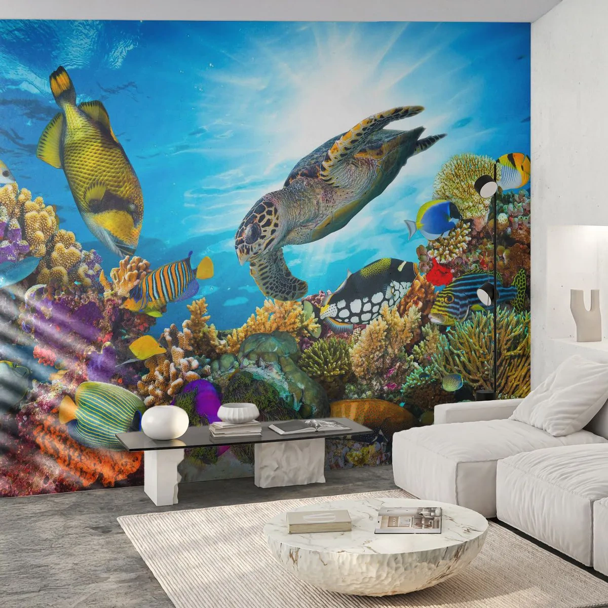 Fototapeta Standard Eco - Podmořský svět s mořskou želvou a barevnými rybami - 100x70cm - Korálová promenáda - Moderní nástěnná dekorace do obývacího pokoje a ložnice ARTTOR