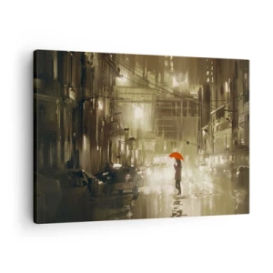 Obraz na plátně - Postava s červeným deštníkem v deštivém městě - 70x50cm - Sama, ale ne osamělá - Moderní nástěnná dekorace do obývacího pokoje a ložnice ARTTOR