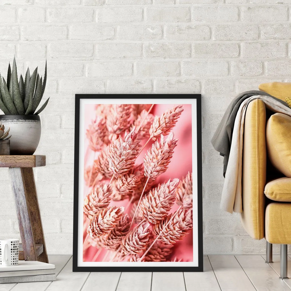 Plakát v černém rámu - Detail sušených klasů obilí na růžovém pozadí - 50x70cm - Květinová kaskáda v růžové - Moderní nástěnná dekorace do obývacího pokoje a ložnice ARTTOR