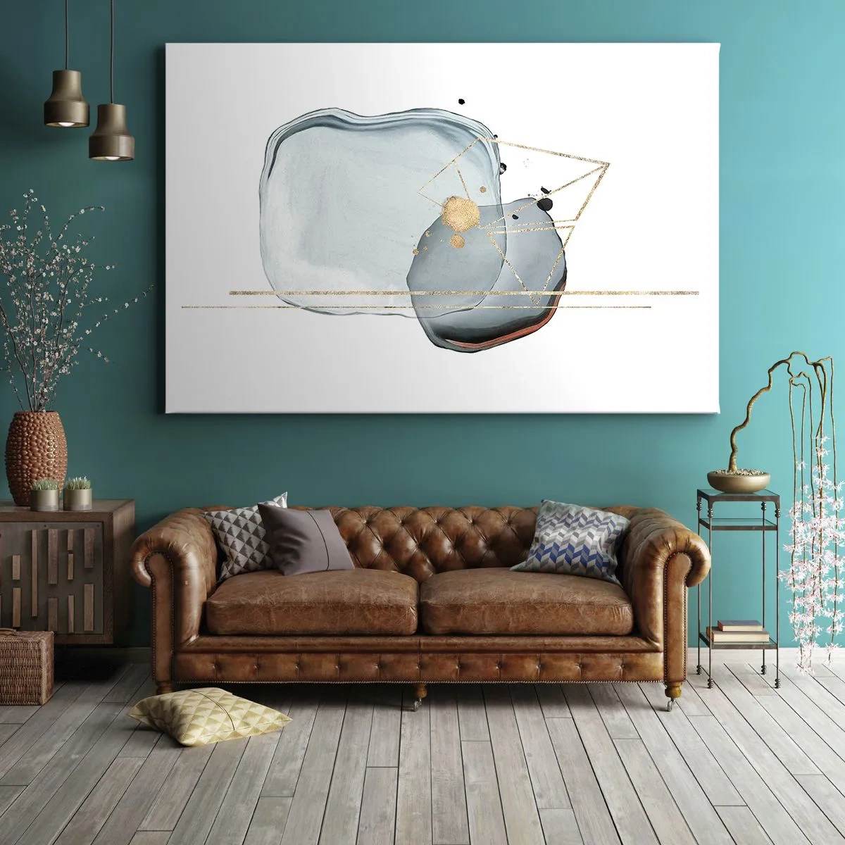 Obraz na plátně - Abstraktní tvary v odstínech modré a zlaté na bílém pozadí - 70x50cm - Studie kapky - Moderní nástěnná dekorace do obývacího pokoje a ložnice ARTTOR