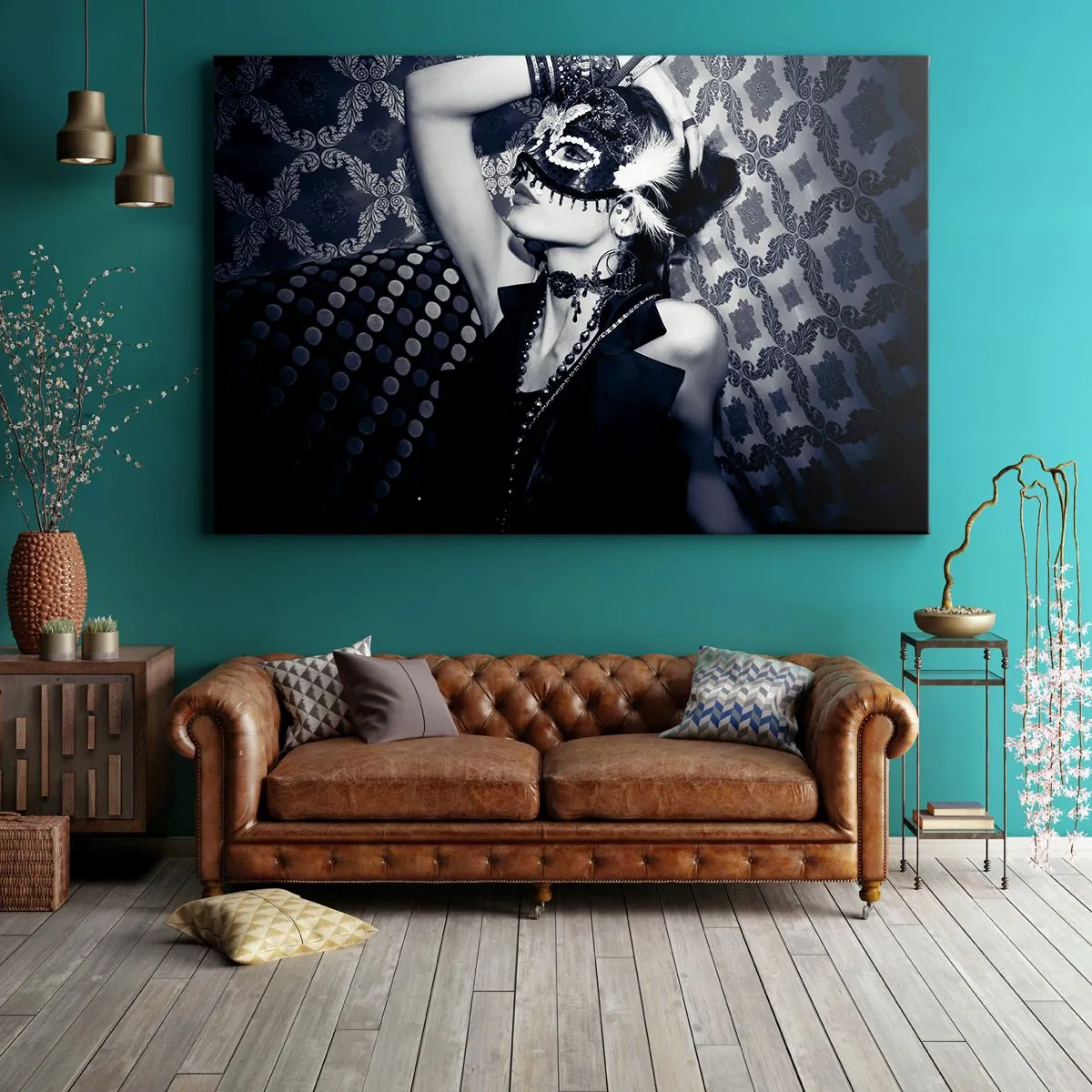 Obraz na plátně - Žena v benátské masce na pozadí zdobených vzorů. - 70x50cm - Dekorace, ozdoby, vzory… - Moderní nástěnná dekorace do obývacího pokoje a ložnice ARTTOR