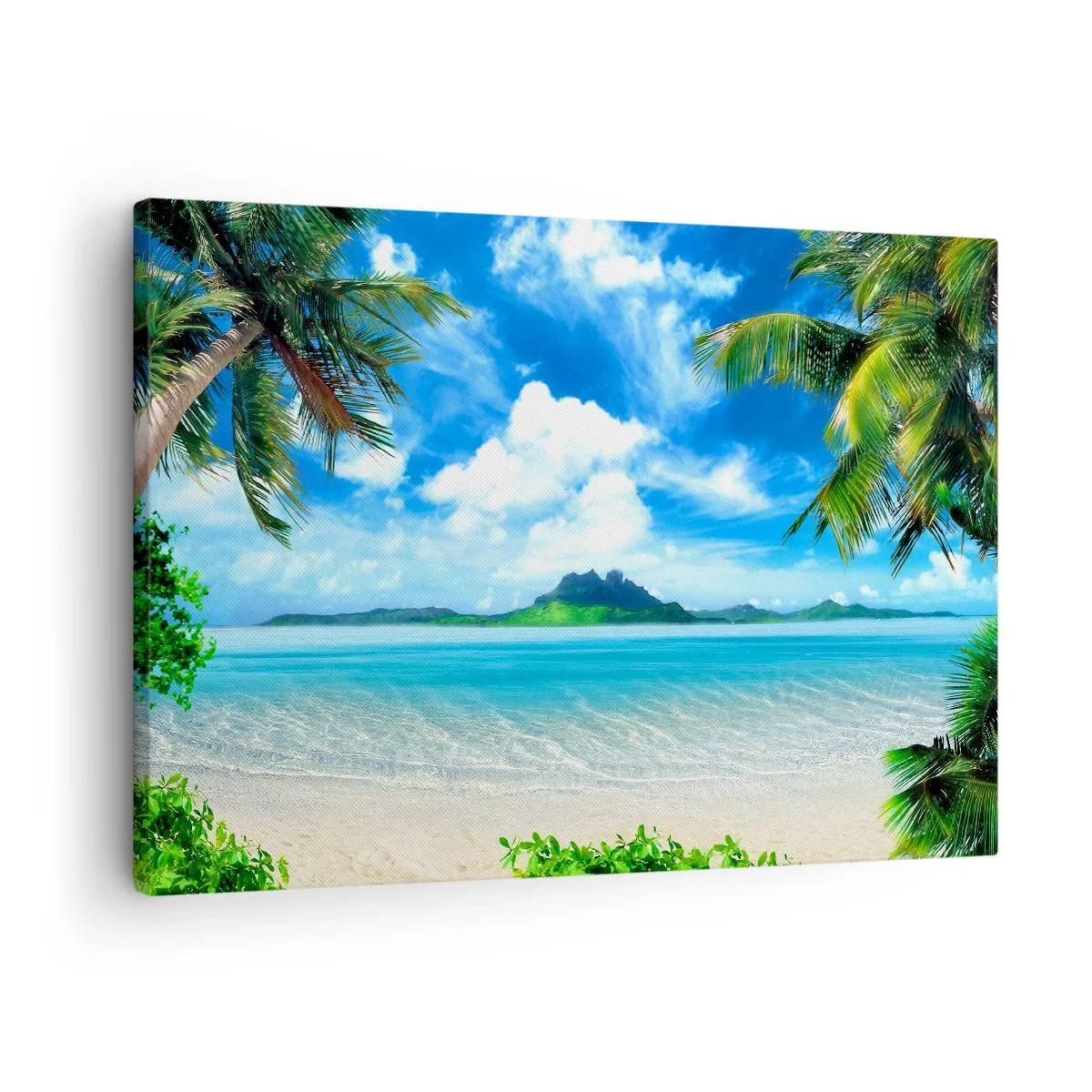 Obraz na plátně - Tropická pláž s palmami a výhledem na ostrov - 70x50cm - Modř tropů - Moderní nástěnná dekorace do obývacího pokoje a ložnice ARTTOR
