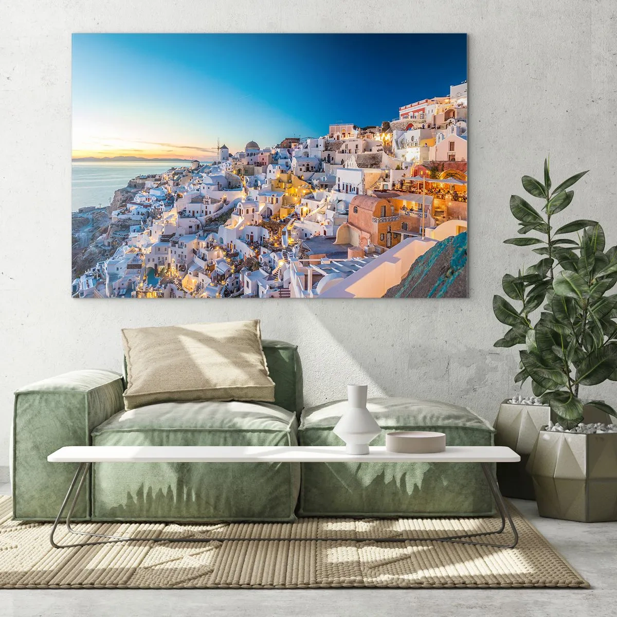 Obraz na skle - Panorama Santorini při západu slunce - 70x50cm - Esence Řecka - Moderní nástěnná dekorace do obývacího pokoje a ložnice ARTTOR