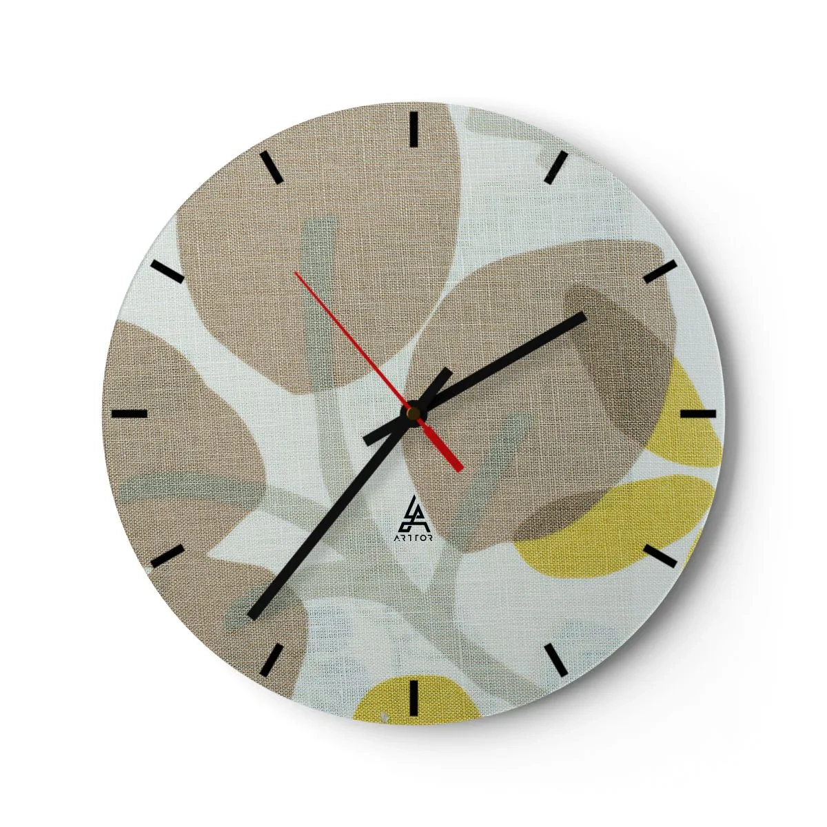 Nástěnné hodiny - Pastelové listy a žluté akcenty na lněném texturovaném pozadí - 30x30cm - Kompozice v plném slunci - Moderní nástěnná dekorace do obývacího pokoje, kuchyně a ložnice ARTTOR