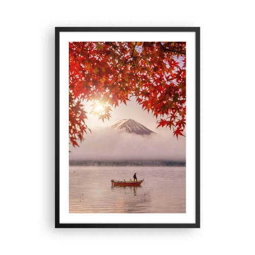 Plakát v černém rámu - Hora Fudži s lodí na jezeře a podzimním listím - 50x70cm - V japonském stylu - Moderní nástěnná dekorace do obývacího pokoje a ložnice ARTTOR
