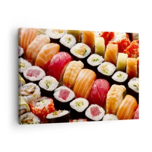 Obraz na plátně - Barevné sushi uspořádané v řadách s různými ingrediencemi - 70x50cm - Barvy a chutě Asie - Moderní nástěnná dekorace do obývacího pokoje a ložnice ARTTOR