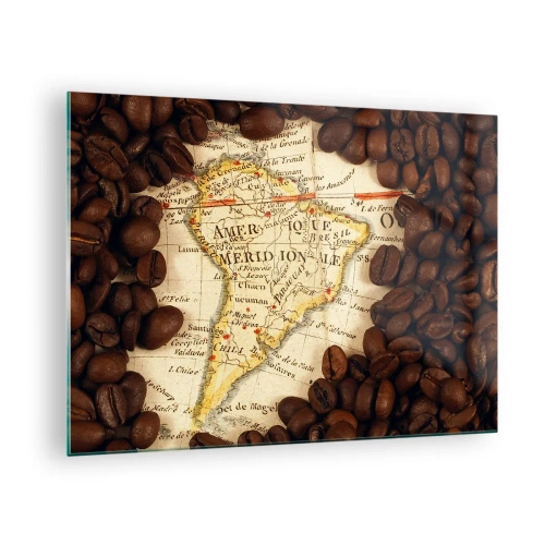 Obraz na skle - Mapa Jižní Ameriky obklopená kávovými zrny. - 70x50cm - Odkud je nejlepší káva? - Moderní nástěnná dekorace do obývacího pokoje a ložnice ARTTOR
