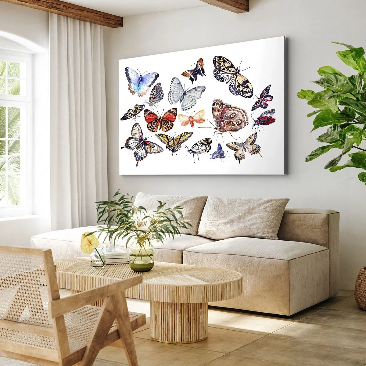 Obraz na plátně - Barevné motýly na bílém pozadí - 70x50cm - Krajkový, barevný roj - Moderní nástěnná dekorace do obývacího pokoje a ložnice ARTTOR